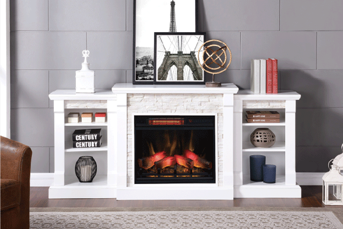 23インチ遠赤外線３D電気暖炉 ギャラティン（ブックケース付き） ホワイト＆ホワイトストーン